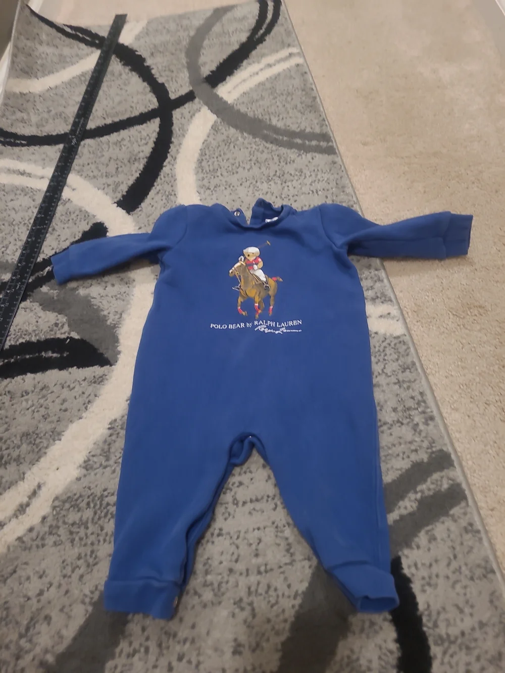 Ralph Lauren 9 Months Blue Polo Bear Sweatshirt Romper One Piece Outfit Jumpsuit